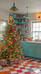  Bright airy kitchen shelves with a small christmas tree Carnival Fun Red yellow turquoise white Stained Glass