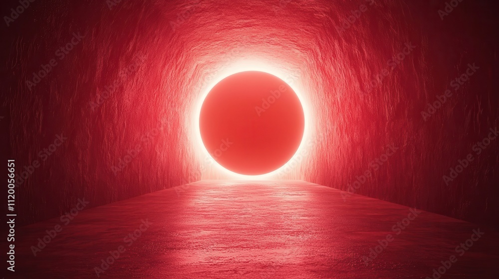 Poster a glowing red sphere illuminates a dark tunnel, creating a surreal and mystical atmosphere.