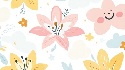 A vibrant floral pattern with happy elements, ideal for cheerful designs or backgrounds.