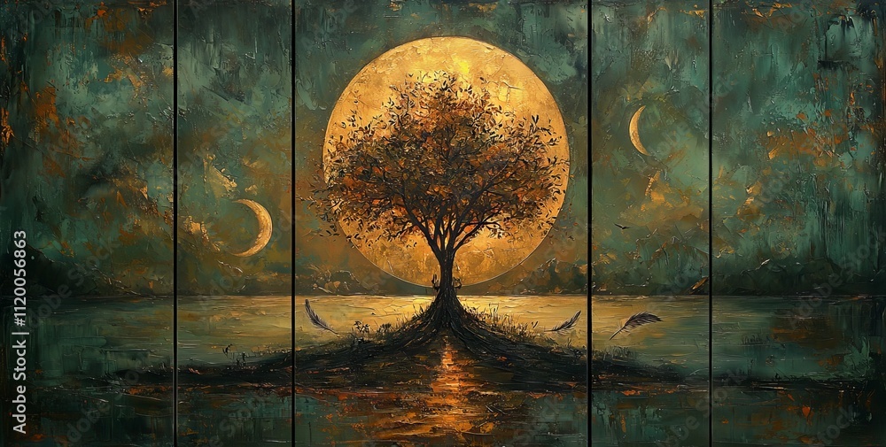 Poster the 3d canvas wall art features a dark green backdrop adorned with golden feathers and tree branches