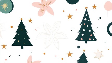 A festive pattern featuring Christmas trees, flowers, stars, and decorative elements.