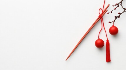 A red chopstick and decorative elements on a minimalist background.