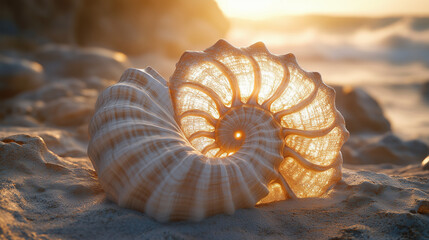 Nautilus shell glowing on a sandy beach at sunset  