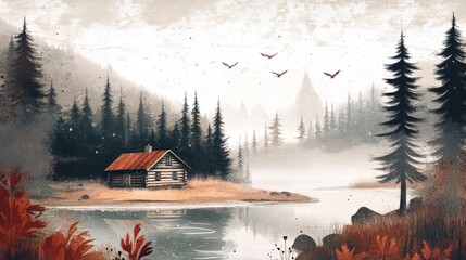Rustic Cabin by the Tranquil Lake at Dawn