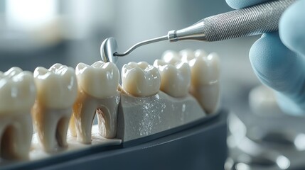 A close-up view of dental tools being used on a set of artificial teeth, highlighting dental care and precision in dental practice.