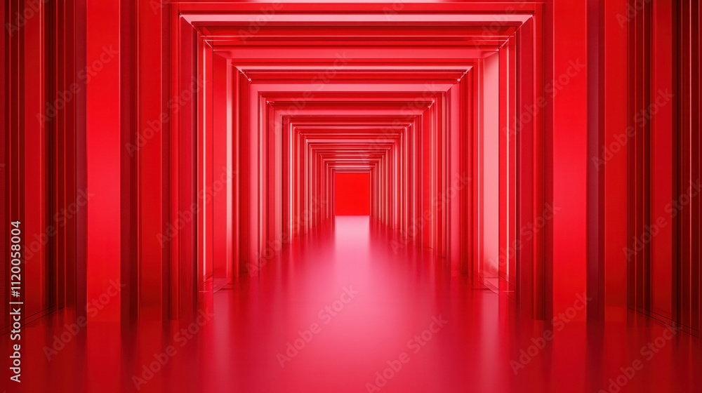 Poster a surreal, infinite corridor illuminated in bright red, creating a striking visual effect with an ab
