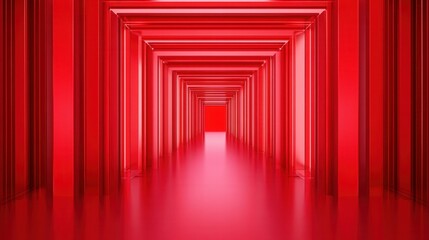 Fototapeta premium A surreal, infinite corridor illuminated in bright red, creating a striking visual effect with an abstract, modern aesthetic.