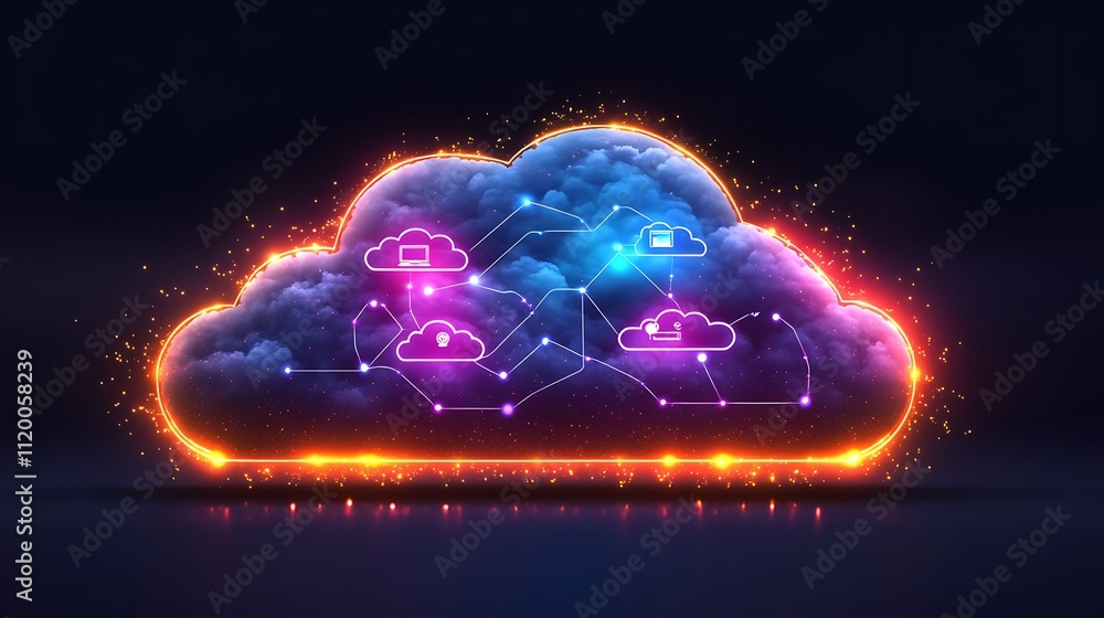 Poster glowing cloud with network connections and data icons.