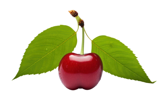 A solitary cherry with a rich red color and a vibrant green leaf, showcasing its natural beauty and simplicity, ideal for food or health-related themes