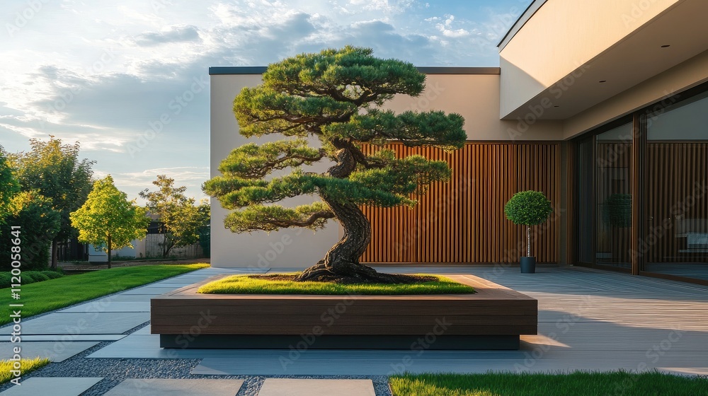 Poster a well-crafted bonsai tree enhancing the front corner of a sleek house with linear patterns and neut