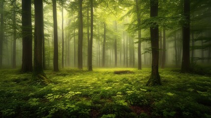 Obraz premium Misty forest with lush green undergrowth.