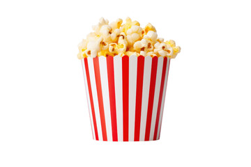 A small striped popcorn container filled with fluffy, yellow popcorn, sitting on a clean, white surface. The box is designed with classic red and white stripes, giving it a nostalgic feel.