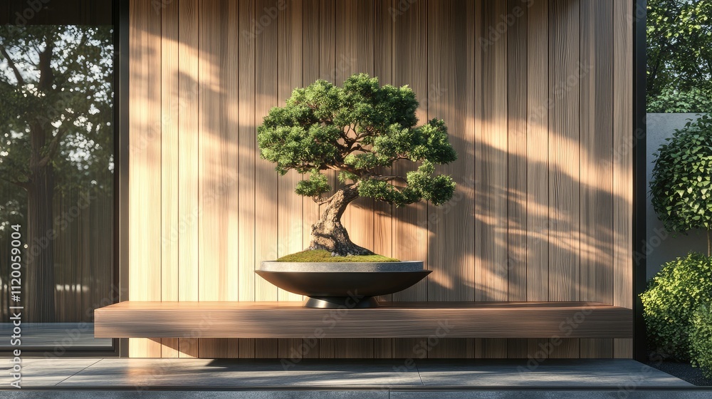 Poster artistic front corner of a house, decorated with a bonsai tree on a floating shelf and complemented 