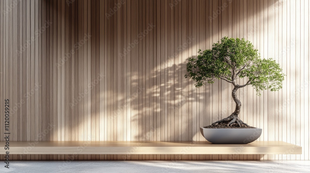 Poster artistic front corner of a house, decorated with a bonsai tree on a floating shelf and complemented 
