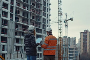 Fototapeta premium Specialists inspect building construction site with engineer investor.