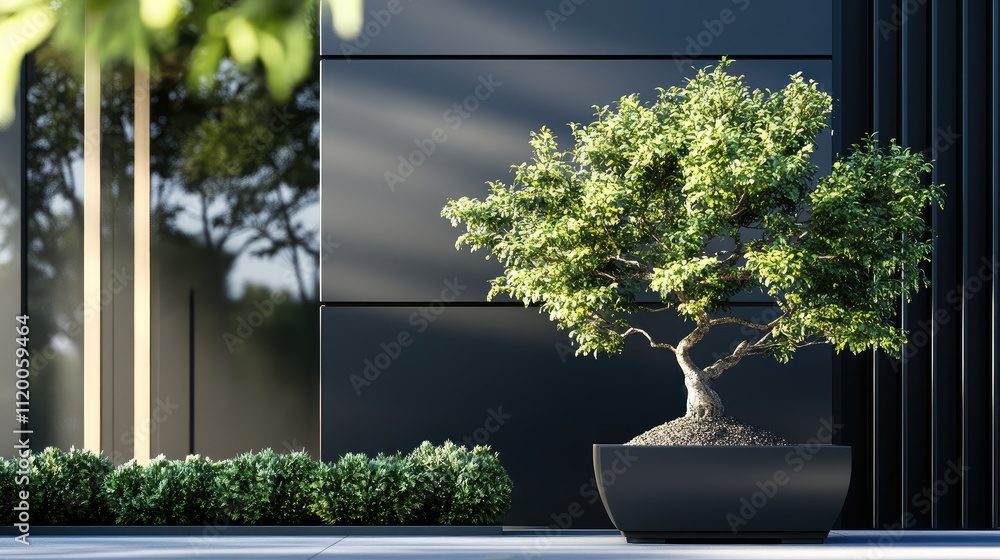 Poster bonsai tree in a matte black planter, positioned at the corner of a house with clean, angular archit