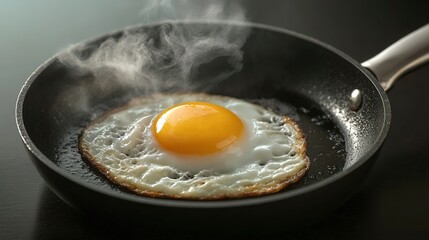 Fried eggs in a hot pan with steam