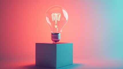 Illuminated lightbulb on a cube against a vibrant background.