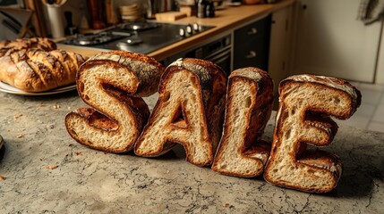 Baked bread letters display sale in a cozy kitchen setting at daytime