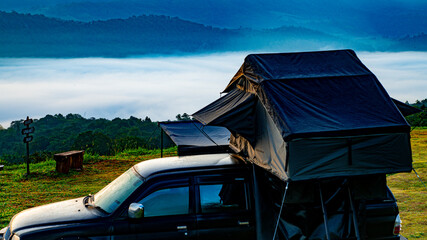 Tourists bring their car camping vehicles to set up tents at the Ban Na Thon viewpoint in Na Haeo District, Loei Province, Thailand