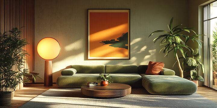  Japandi style interior design of modern living room home with poster frame Earth Tones Burnt sienna olive green sandy brown warm cream Retro Pixelated
