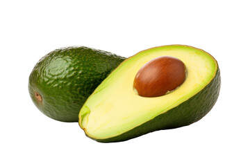 A ripe avocado sliced in half, showcasing its creamy green flesh and large pit. The texture of the avocado's skin is rough and dark green, contrasting with the smooth interior.