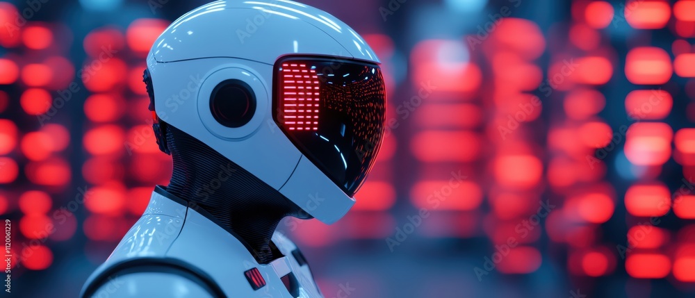 Poster futuristic robot profile with glowing lights, representing advanced technology concepts.