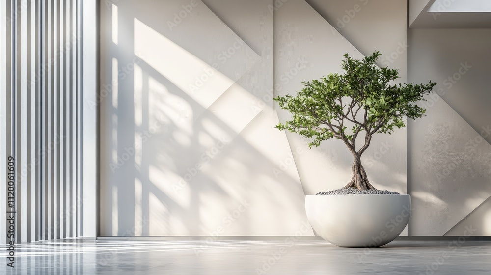 Poster front corner of a modern home with a bonsai tree in a sleek white pot, accentuated by geometric patt