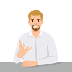 Young man standing with strong fists feeling furious aggressive and angry. Flat vector illustration isolated on white background