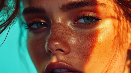 Fototapeta premium Close-up portrait with golden sunlight highlighting freckles