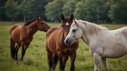 Fototapeta premium Group of three young horses on the pastu