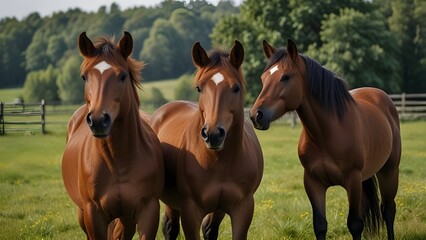 Fototapeta premium Group of three young horses on the pastu