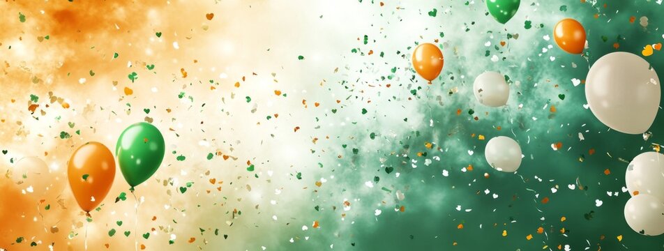 St. Patrick's Day Digital Background with Balloons, Confetti in Green, White, and Orange Sky