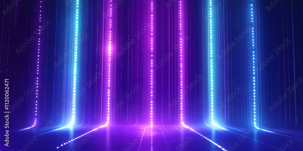 Poster purple and blue gradient lights arranged in vertical lines with glowing dots, creating an abstract f