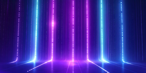 Obraz premium Purple and blue gradient lights arranged in vertical lines with glowing dots, creating an abstract futuristic tech-inspired background with vivid lighting effects.