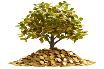 A lush money tree with vibrant green leaves growing from a pile of gold coins, symbolizing prosperity and financial growth. The tree is flourishing