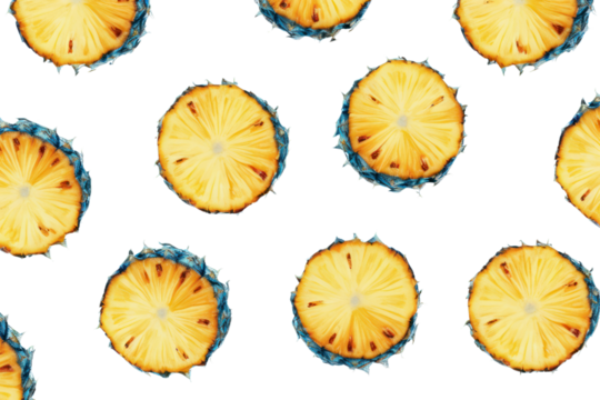 A lively and fun illustration of seamless pineapple slices, displaying the fresh fruit's unique shape and color, arranged harmoniously