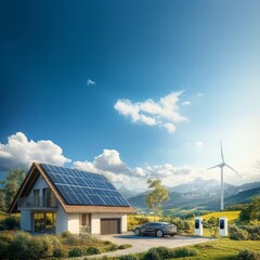 Obraz premium An electric car is parked next to the house, clearly connected to a charging station. In the background, a small wind turbine is visible, set against a natural landscape with distant mountains