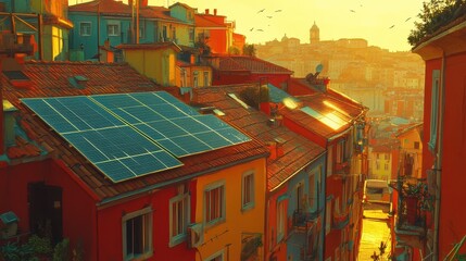 Naklejka premium Vibrant Cityscape with Solar Panels on Rooftops