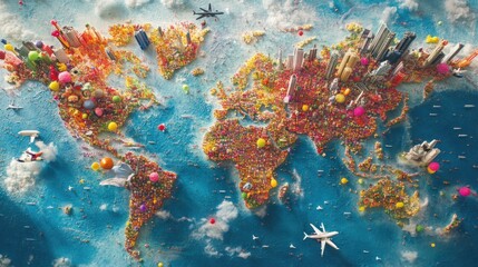 Fototapeta premium Colorful world map with candy, balloons, and airplanes.
