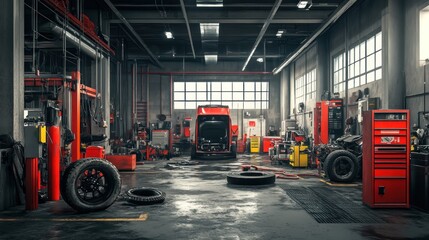 A large, industrial garage with a red truck in the middle, surrounded by tools and equipment.