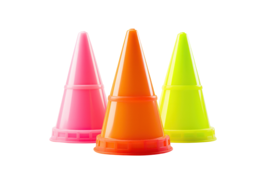 A group of safety cones in various bright colors, such as pink, lime green, and yellow, placed in a triangular formation. The cones are made of durable plastic