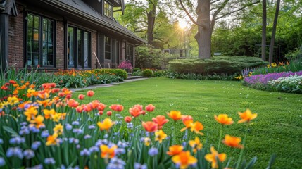Fototapeta premium Joyful Garden with Blooming Daffodils and Tulips