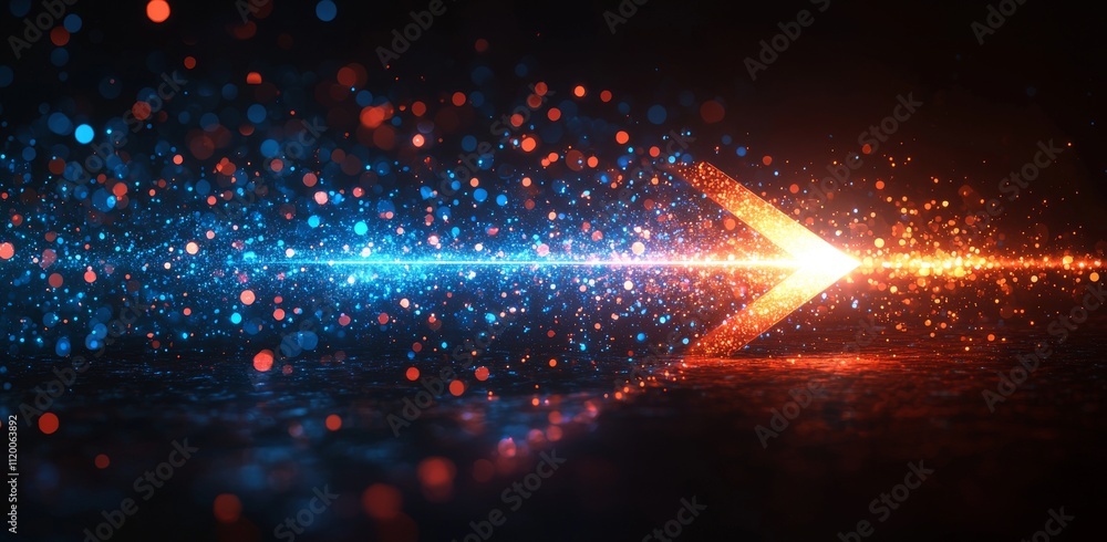 Poster a lively arrow made of shining light rays, directed straight at the center against a dark background