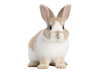 A fluffy, white rabbit with large, expressive eyes and soft, velvety fur, sitting upright with its ears perked up in curiosity. The rabbit has a gentle expression