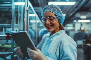 Smiley female worker in sterile clothes using tablet and checking how production line is working.