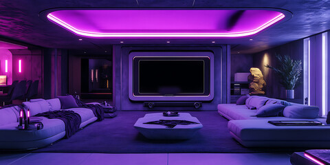  Konferenzzimmer mit glastisch und lcd 3d Cyberpunk Neon purple bright cyan magenta dark gray Gothic Style