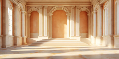 Fototapeta premium 3D rendering of an empty podium in a classical architectural setting with columns and stairs in the background Autumn Hues Rust pumpkin mustard dark green Sketching