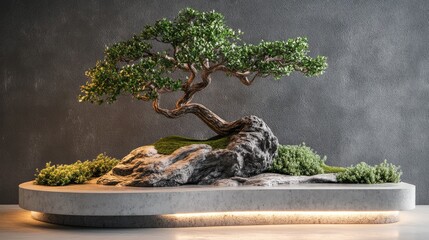 Modern house front corner with a bonsai tree on a concrete base, surrounded by small shrubs and artistic lighting