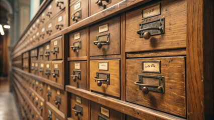 Wooden drawers in the library, vintage style, selective focus